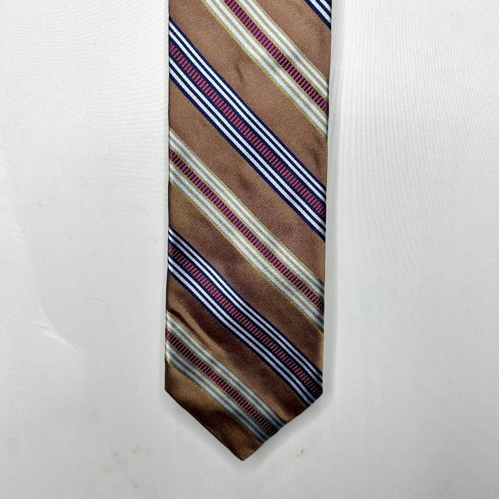 Ike Behar Men’s Neck Tie 3 ¾” Silk Maroon Brown Blue Stripes made in USA Necktie